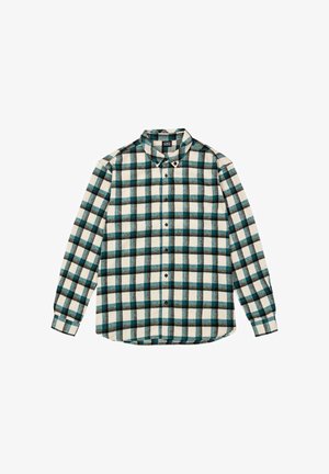 Camicia in flanella a maniche lunghe color crema, con un motivo a quadri blu e nero. Colletto con bottoni, chiusura frontale con bottoni e polsini. Tessuto morbido.
