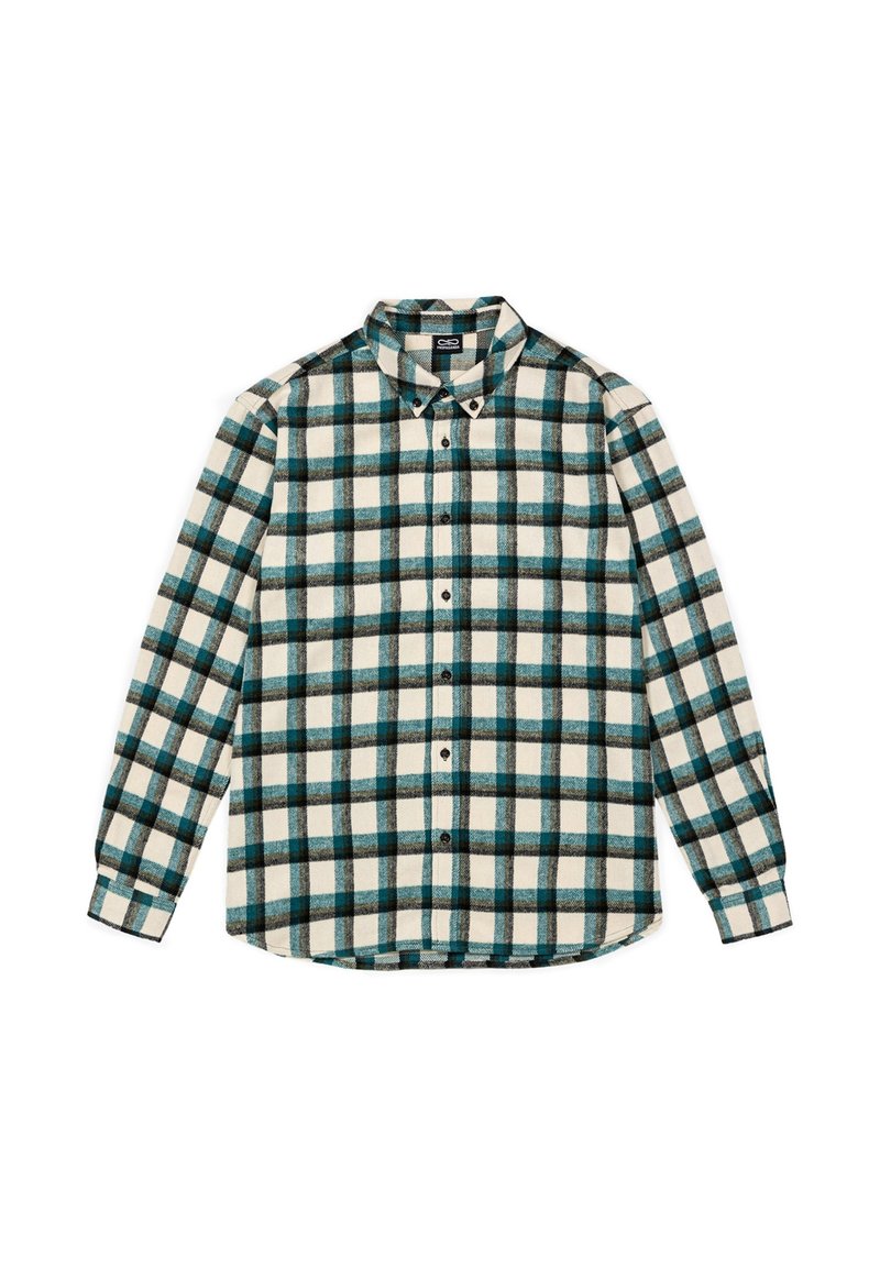 Camicia in flanella a maniche lunghe color crema, con un motivo a quadri blu e nero. Colletto con bottoni, chiusura frontale con bottoni e polsini. Tessuto morbido.