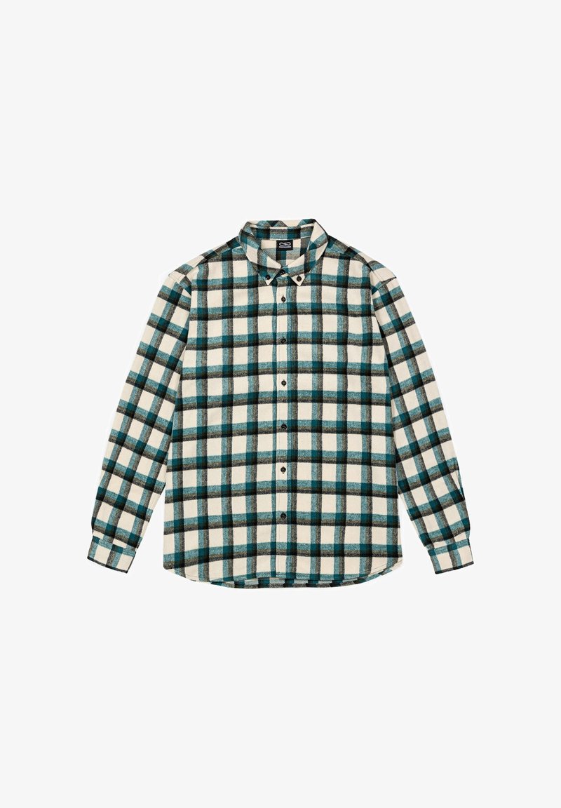 Camicia in flanella a maniche lunghe color crema, con un motivo a quadri blu e nero. Colletto con bottoni, chiusura frontale con bottoni e polsini. Tessuto morbido.
