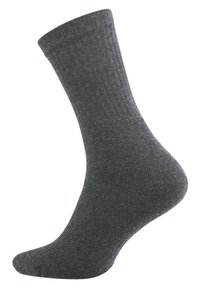 Calzino in cotone grigio scuro con texture a coste, lunghezza alla caviglia e punta e tallone rinforzati per una maggiore durata. Costruzione senza cuciture per il massimo comfort.