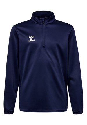 Dunkelblauer Langarm-Pullover mit einem Viertelzip-Kragen, aus glattem Polyester gefertigt, mit einem weißen Logo auf der Brust und elastischen Bündchen.