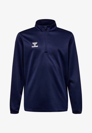 Mørkeblå langærmet pullover med kvart-zip krave, lavet af glat polyester, med et hvidt logo på brystet og elastiske manchetter.