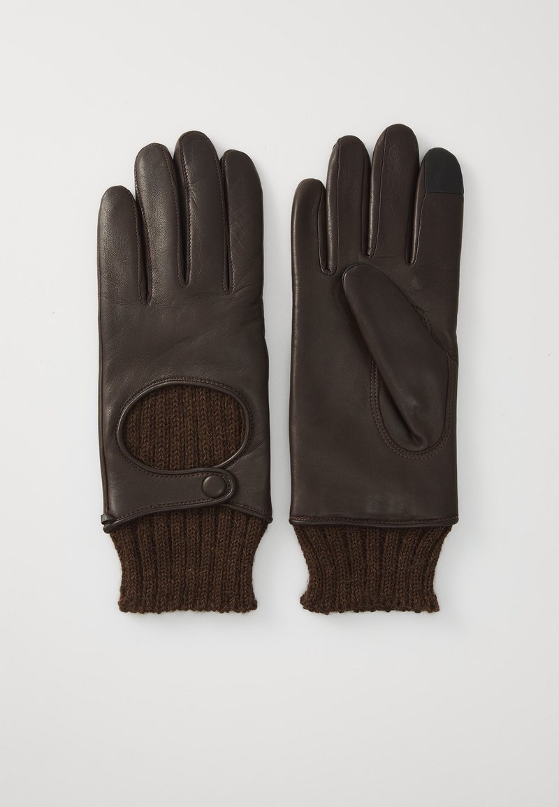 Gants en cuir marron avec des poignets en tricot marron à côtes. Comprend une ouverture circulaire et un bout de pouce conçu pour une utilisation avec écran tactile.