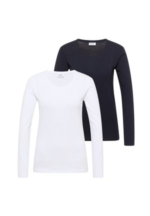 Deux t-shirts à manches longues col rond, un blanc devant et un noir derrière, présentés sur fond blanc.