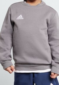 Sudadera gris con cuello redondo, mangas largas y puños acanalados. Presenta un logo blanco de Adidas en el pecho y está hecha de material de algodón.