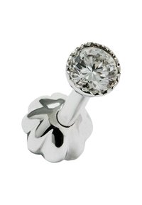 Perilla de cajón plateada con un acabado brillante, que presenta un centro de piedra preciosa clara y redonda rodeada de una placa trasera decorativa con forma de flor.