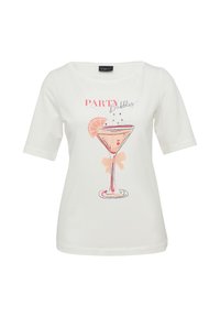 T-shirt blanc à manches courtes avec un graphisme représentant un verre à cocktail contenant une boisson rose, une tranche de citron et le texte "PARTY Bubbles" en rose.