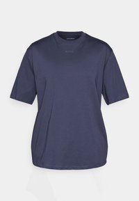 Navy blue cotton t-shirt with a crew neckline and short sleeves. Features minimal branding on the front and a relaxed fit.