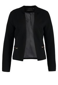 Blazer noir pour femme à manches longues, devant ouvert, petit col et deux poches horizontales zippées près de la taille.