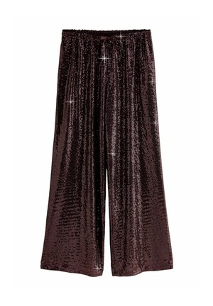 Pantalón marrón de pierna ancha cubierto de lentejuelas brillantes con cintura elástica y cordón ajustable.