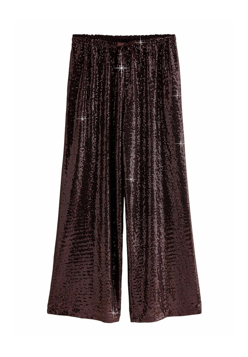 Pantalon marron à jambes larges recouvert de sequins scintillants avec une taille élastique et un cordon de serrage.