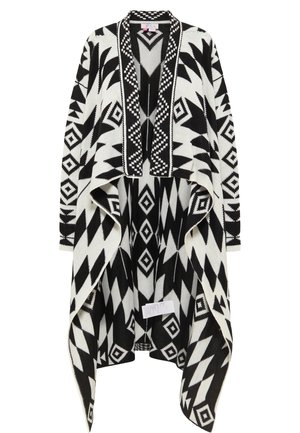 Cardigan noir et blanc ouvert sur le devant, manches longues, motifs géométriques inspirés des Aztèques et ourlet drapé asymétrique.
