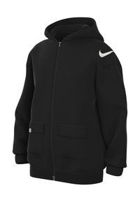Crna zip-up dukserica od mekog materijala, s prednjim patentnim zatvaračem, dva prednja džepa, rebrastim rukavima i bijelim Nike logotipom na ramenu.