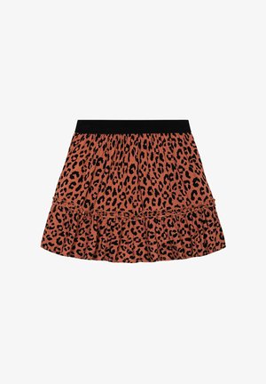 Rövid, bő szabású szoknya fekete elasztikus derékpánttal, barna anyag fekete leopárdmintával és fodros szegéllyel.