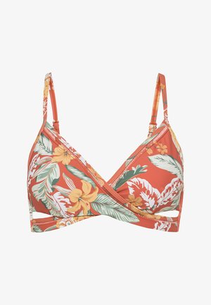 Blumiger Bikini-Oberteil in Koralle mit grünen und gelben Mustern. Verfügt über eine dreieckige Form, dünne verstellbare Träger und seitliche Ausschnitte.