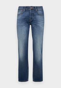 Mörkblå denimjeans med rakt ben, med lätt blekning, knapp- och dragkedjestängning samt sydda detaljer längs fickorna.