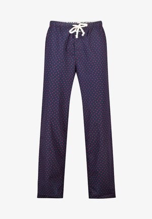 Pantalon bleu marine avec un motif de cœurs rouges, taille élastique et cordon de serrage. Tissu léger avec une texture lisse et coupe ample.