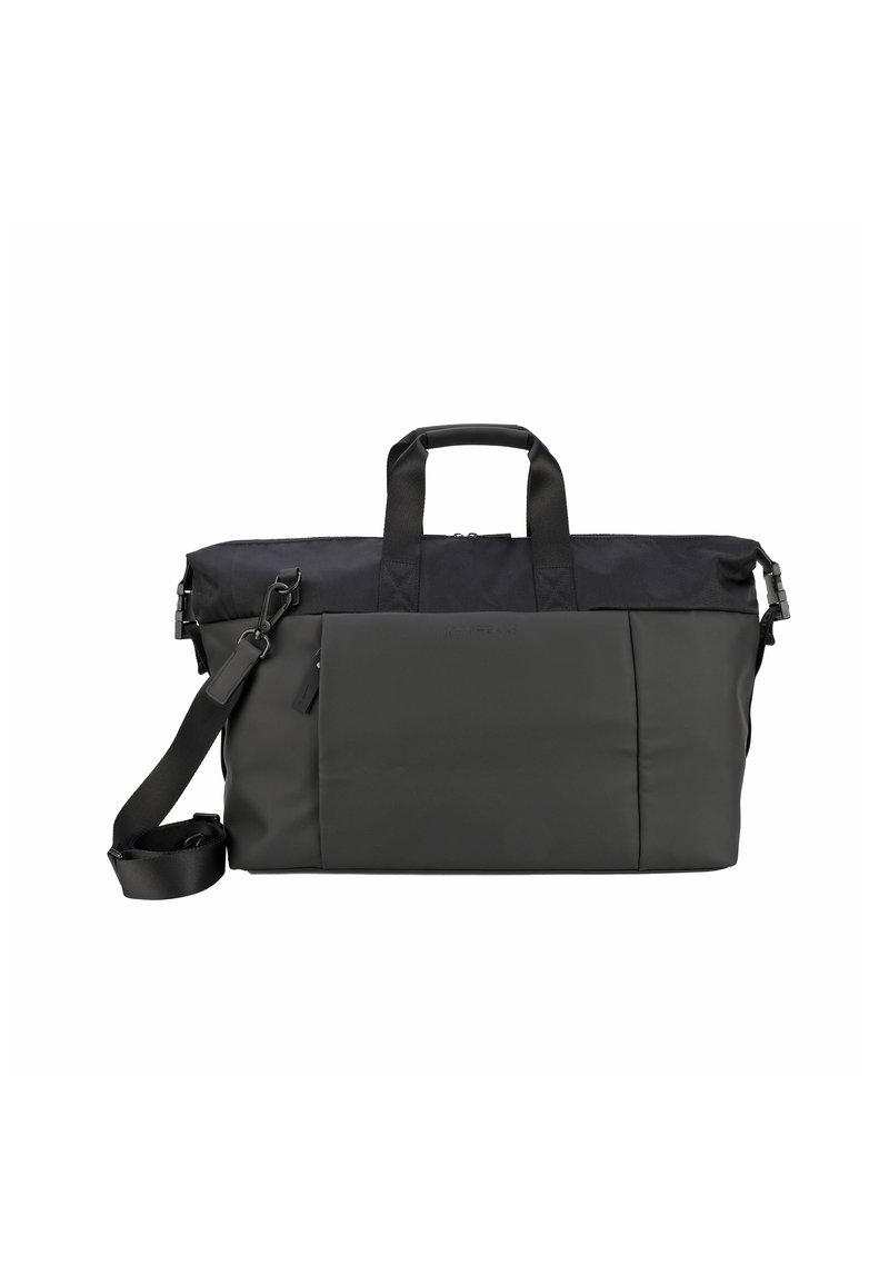 Melna soma ar strukturētu dizainu, ar matētu apdari, divām rokturām, noņemamu plecu siksnu un priekšējo kabatu.