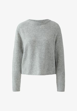 Pull en maille gris avec un col rond, des manches longues et un ourlet court. Texture douce avec des variations subtiles de teinte.