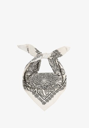Biała bandana z czarnym wzorem paisley, wykonana z miękkiego materiału. Posiada związane końce oraz misternie wykończone krawędzie.
