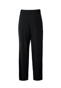 Pantaloni neri a vita alta con un taglio dritto, realizzati in tessuto morbido. Presentano una tasca sul retro e una cintura elastica per maggiore comfort.