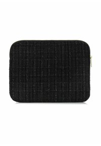Czarna teksturowana torba na laptopa z subtelnym wzorem w paski i złotym zamkiem błyskawicznym. Prostokątny kształt z miękkimi krawędziami.