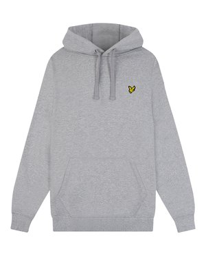Sivi kaput s kapuljačom izrađen od mekanog materijala. Ima prednji džep za ruke i mali žuti logo leptira na prsima.