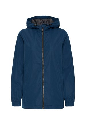 Giacca leggera navy con cappuccio, zip frontale, polsini elasticizzati e una texture liscia. Presenta un design minimalista senza motivi.