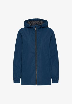 Sötétkék, könnyű dzseki kapucnival, elülső cipzárral, rugalmas mandzsettákkal és sima felülettel. Minimalista dizájn, minta nélkül.