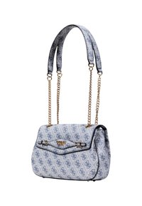 Sac à main en tissu à motif bleu avec des anses en chaîne dorée, présentant un fermoir en métal, une poche plate à l'avant et une silhouette structurée.