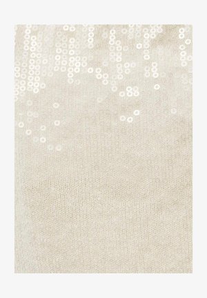 Tessuto lavorato a maglia beige con paillettes bianche sparse, creando un motivo testurizzato. Le paillettes riflettono la luce, aggiungendo un sottile luccichio.