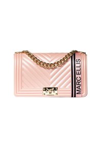 Borsa a tracolla in ecopelle trapuntata rosa tenue con catena dorata, dotata di una chiusura dorata e dettaglio in nastro stampato con logo in bianco e nero.