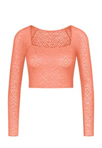 Korallfarbener, kurz geschnittener Top mit langen Ärmeln und quadratischem Ausschnitt. Hergestellt aus einem durchsichtigen, strukturierten Stoff mit diagonalem Muster.