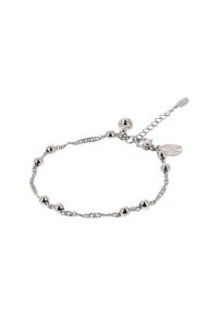 Stříbrný náramek s jemným řetízkem a kulatými korálky, s nastavitelným zapínáním, doplněný o texturovaný přívěsek.