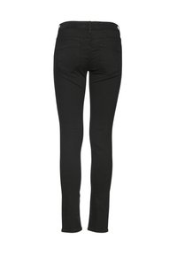 Jeans noirs slim-fit vus de dos, avec deux poches arrière et des passants pour ceinture, dotés d'une taille mi-haute et d'une fermeture à bouton.