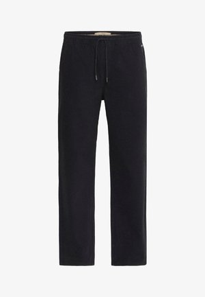 Pantalones de chándal negros de algodón con cintura elástica y cordón ajustable. Diseño de pierna recta con mínimo detalle de costura y sin bolsillos visibles.