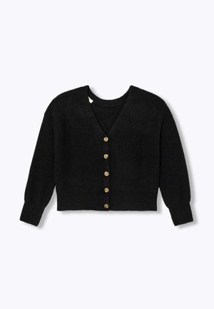 Cardigan noir en maille avec un col en V, manches longues et fermeture à sept boutons dorés à l'avant. Tissu texturé, coupe courte.