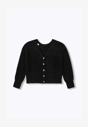 Cardigan noir en maille avec un col en V, manches longues et fermeture à sept boutons dorés à l'avant. Tissu texturé, coupe courte.