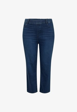 Mørkeblå denim capri-bukser med medium høj talje, fem lomme-design og subtile syninger foran og bagpå.