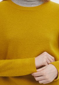 Maglione a maglia giallo senape con scollatura rotonda e polsini a costine, che presenta una texture morbida e una silhouette aderente.