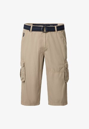 Beige cargo shorts lavet af letvægtsstof, med sidelommer, et marineblåt bælte og en afslappet pasform med syede detaljer.