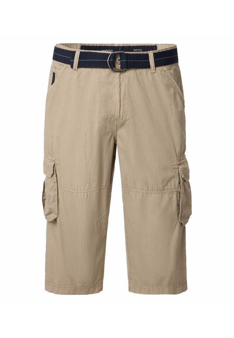 Beige cargoshorts van lichtgewicht stof, met zijzakken, een marineblauwe riem en een relaxte pasvorm met gestikte accenten.