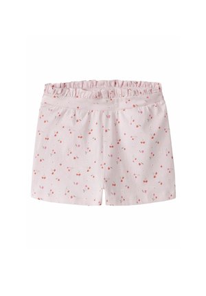 Pantalones cortos rosa claro con una cintura elástica fruncida y un pequeño estampado de cerezas en colores rojo y rosa.