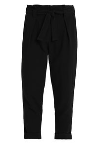 Pantaloni neri a vita alta con cintura annodata in vita, gambe affusolate, orli arrotolati e tessuto strutturato.