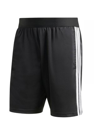 Pantaloncini sportivi neri con vita elastica e tre strisce verticali bianche su ogni lato, realizzati in tessuto liscio.