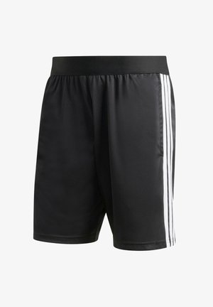 Pantaloncini sportivi neri con vita elastica e tre strisce verticali bianche su ogni lato, realizzati in tessuto liscio.