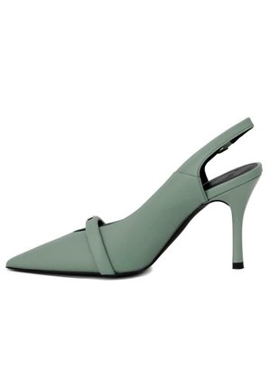 Sandal con tacco a punta verde menta, finitura opaca liscia, sottile cinturino alla caviglia e tacco a stiletto di 10 cm. Presenta una piccola fascia decorativa.