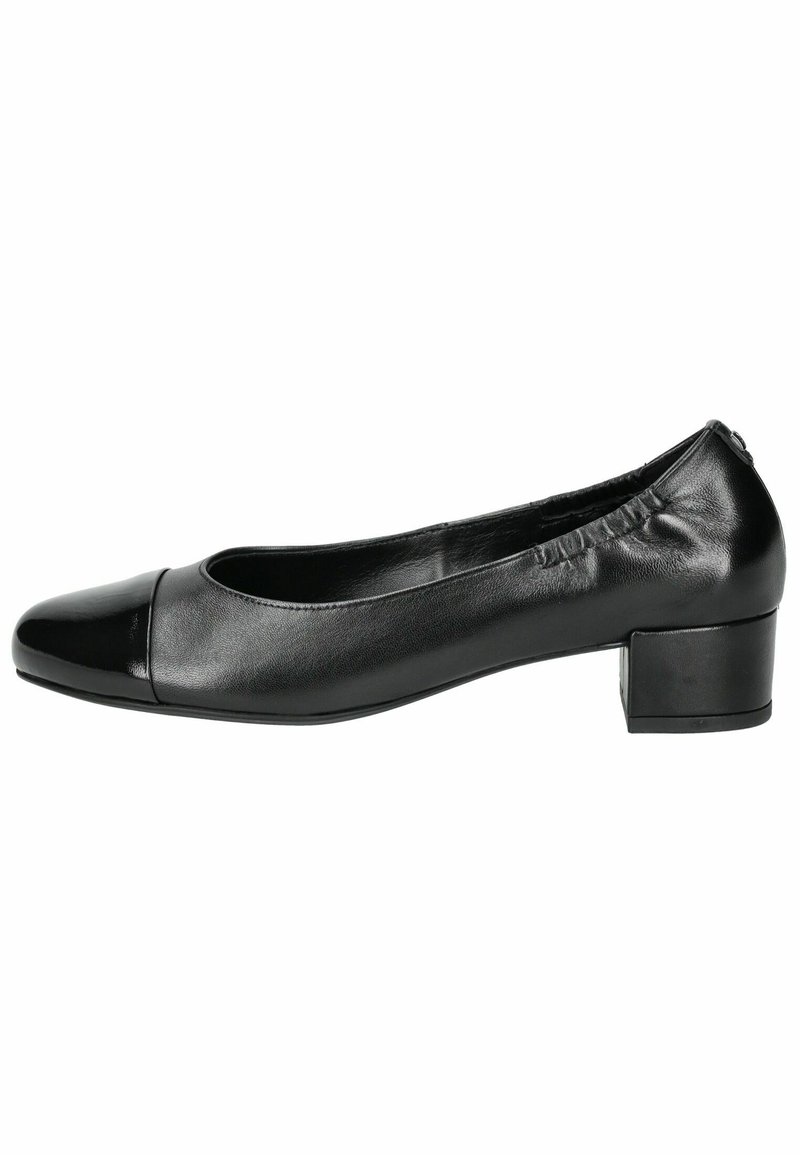 Svarta läderballetskor med rund tå, glänsande hätta, slät yta och en kort, blockklack. Elastisk kant runt kragen.