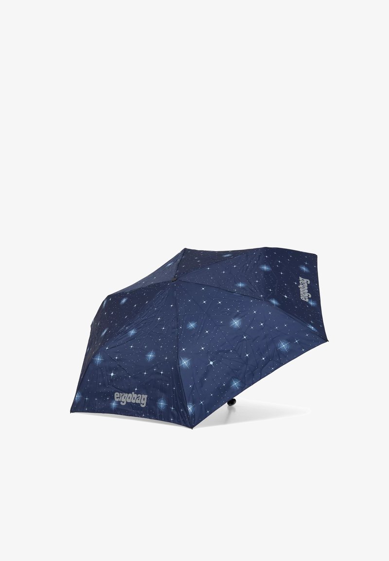 Navy umbrella with star pattern, featuring a smooth fabric finish and ergonomic handle. Brand logo displayed on canopy.
