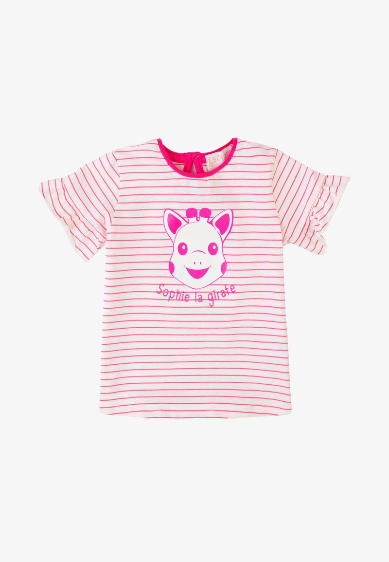 T-shirt a maniche corte, rosa e bianco a righe, con grafica di un volto di giraffa e il testo "Sophie la girafe" sotto di essa.
